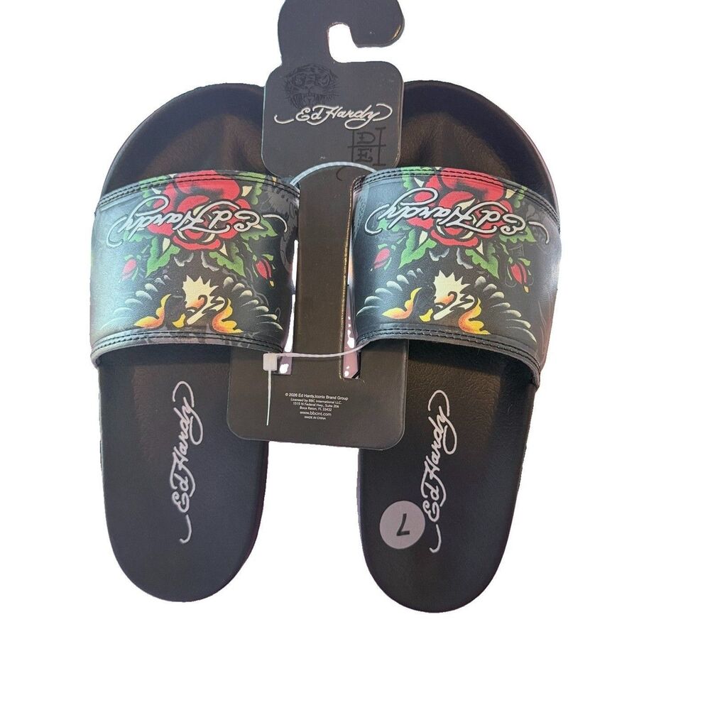 Ed Hardy Eagle-Roses-Tattoo Black Slides/Flip-Flops Size 7 NWT